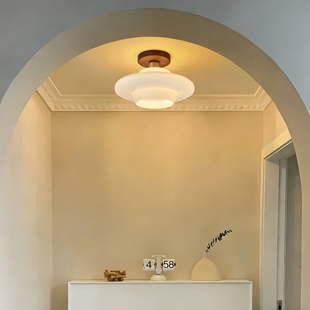 Ceiling Light Walnut Solid Wood 11.8 in Glass Shade Indoor Entryway Corridor Dining Area | Thomler