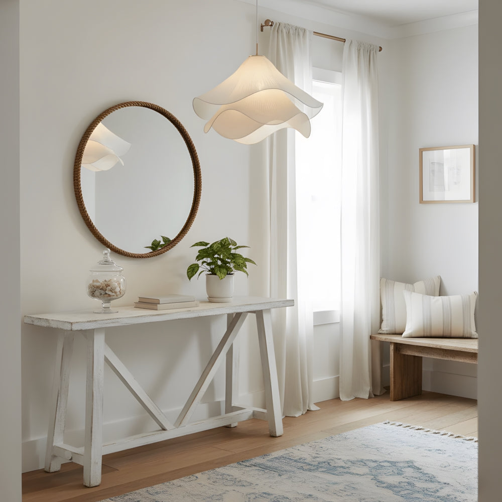 Pendant Light Fabric Floral Shade E27 60.0 cm White Dining Room Bedroom Hanging Ceiling Lamp Sculptural Ambient Lighting | Thomler