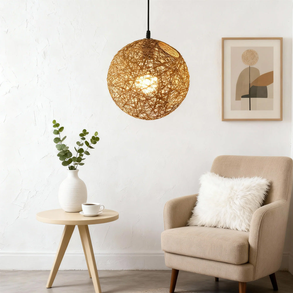 Pendant Light Rattan 15.8 in Indoor Dining Room Living Room Hanging Ceiling Lamp Soft Glow Decorative Accent | Thomler
