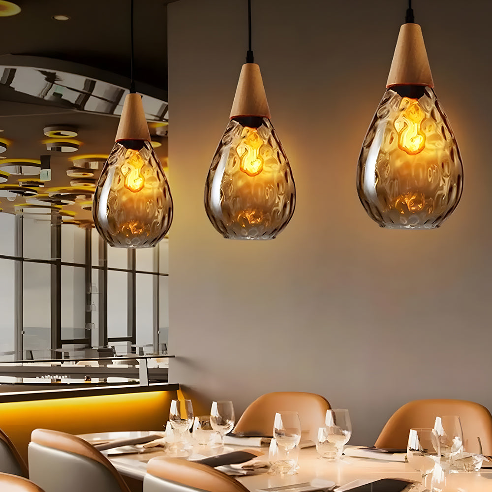Pendant Light Glass Wood 12 in Warm Glow Indoor Dining Room Living Room Hanging Ceiling Lamp | Thomler
