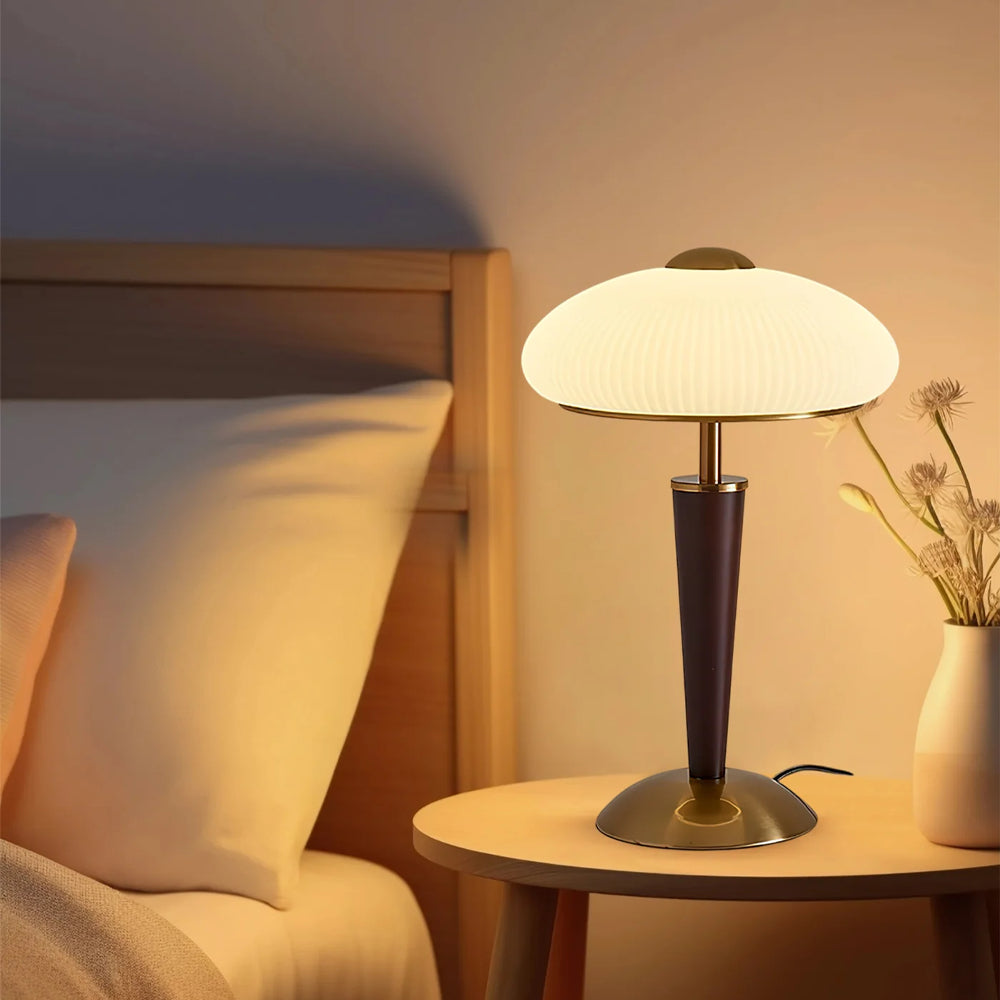 Table Lamp Metal Wood 10 in Fluted Dome Warm Light Bedside Living Room Reading Light | Thomler