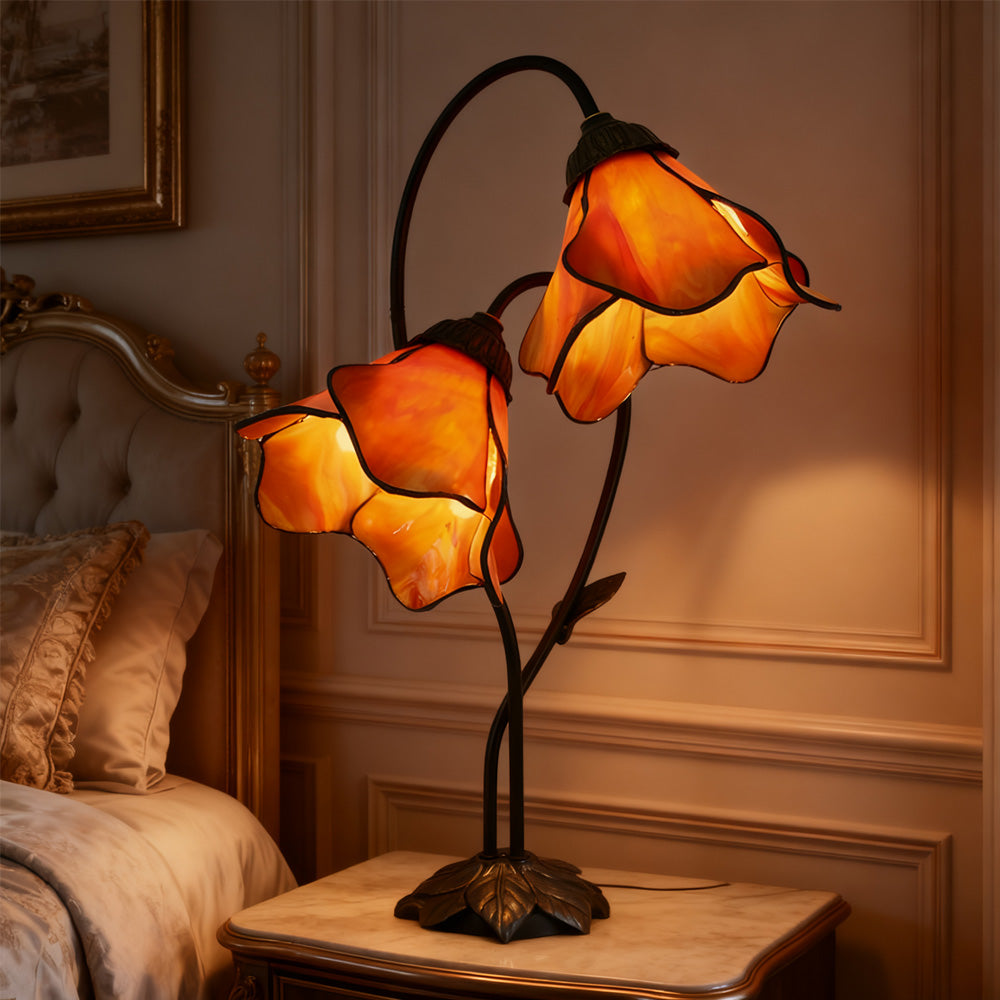 Table Lamp Metal Glass Resin 22.4 in Twin Flower Design Indoor Desk Reading Light Vintage Style | Thomler