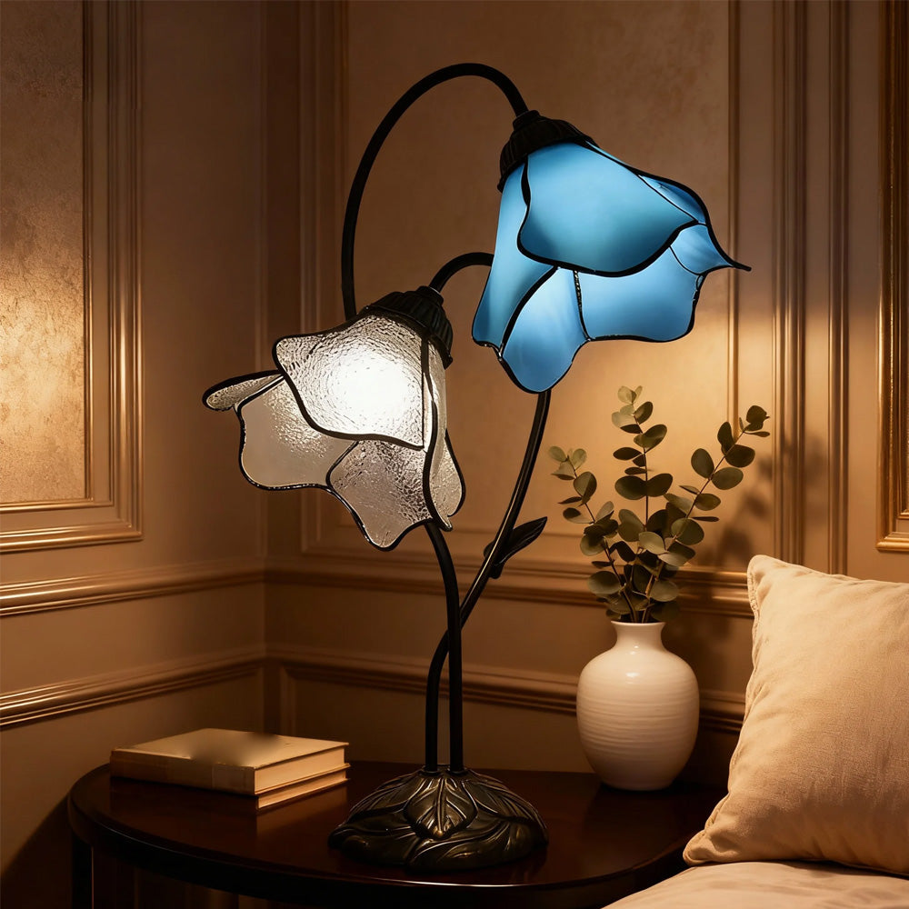 Table Lamp Metal Glass Resin 22.4 in Twin Flower Design Indoor Desk Reading Light Vintage Style | Thomler