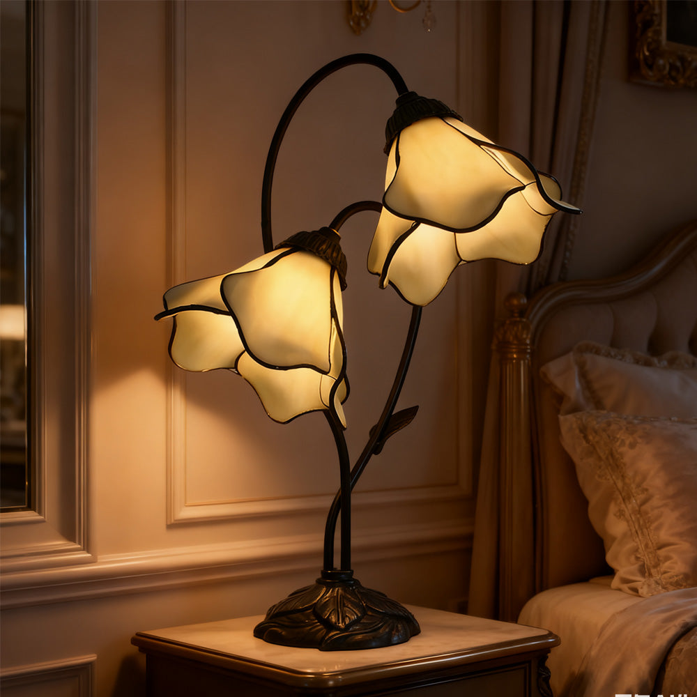 Table Lamp Metal Glass Resin 22.4 in Twin Flower Design Indoor Desk Reading Light Vintage Style | Thomler