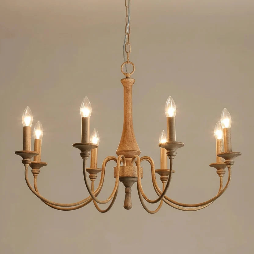 Carved Timber Column Chandelier with Candelabra Arms – 5 to 8 Lights for Farmhouse Dining Room or Entryway | Thomler