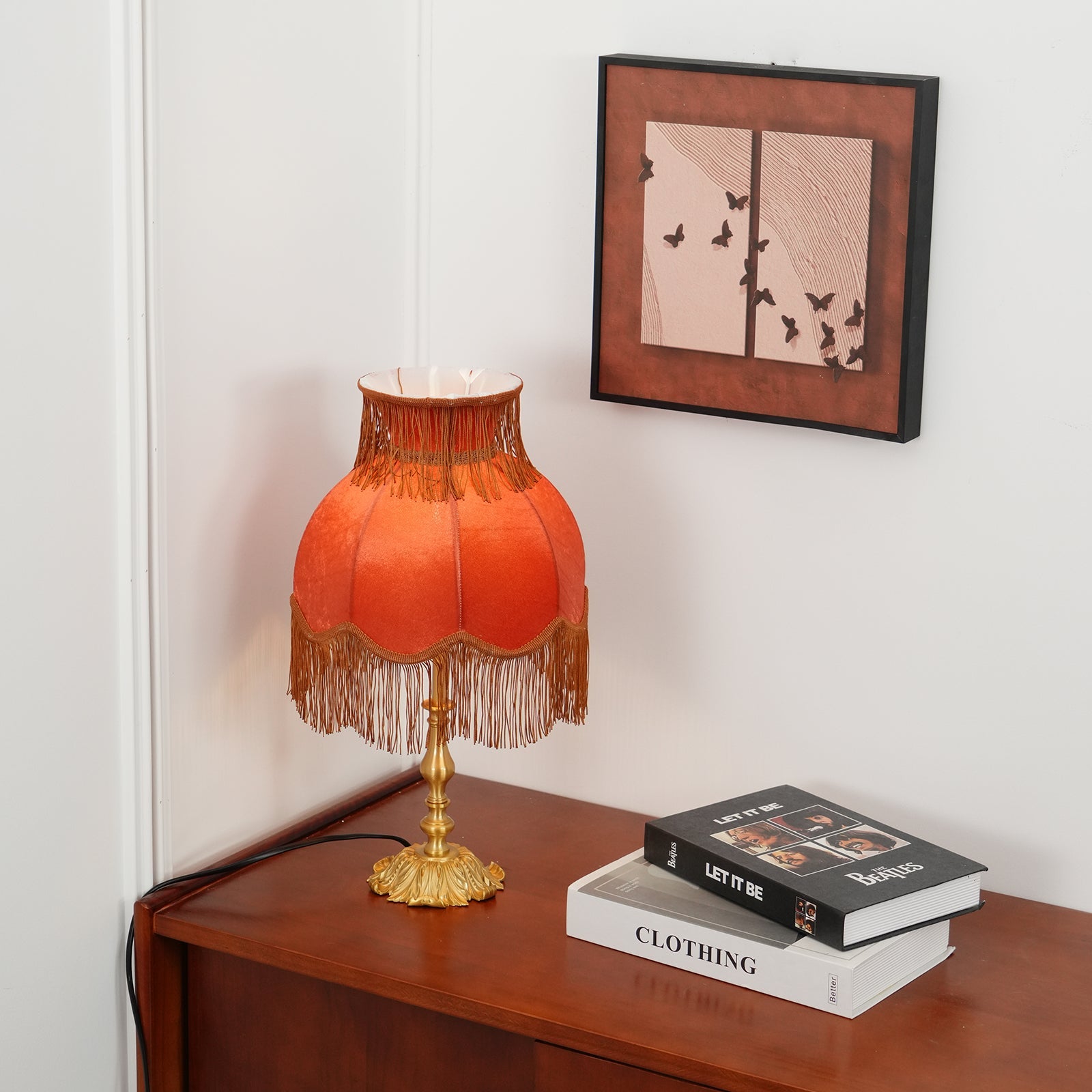 Table Lamp Brass Fabric 9.4 in Red Indoor Accent LED Edison Bulb Use Decorative Nightstand Lighting | Thomler