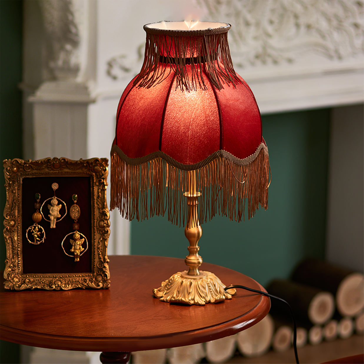 Table Lamp Brass Fabric 9.4 in Red Indoor Accent LED Edison Bulb Use Decorative Nightstand Lighting | Thomler