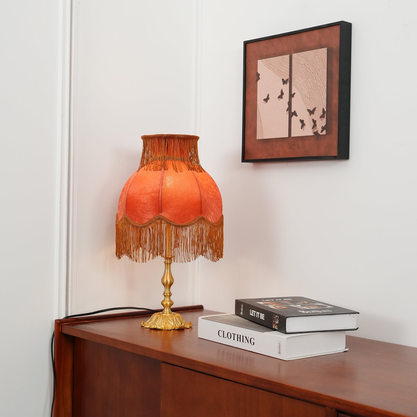Table Lamp Brass Fabric 9.4 in Red Indoor Accent LED Edison Bulb Use Decorative Nightstand Lighting | Thomler