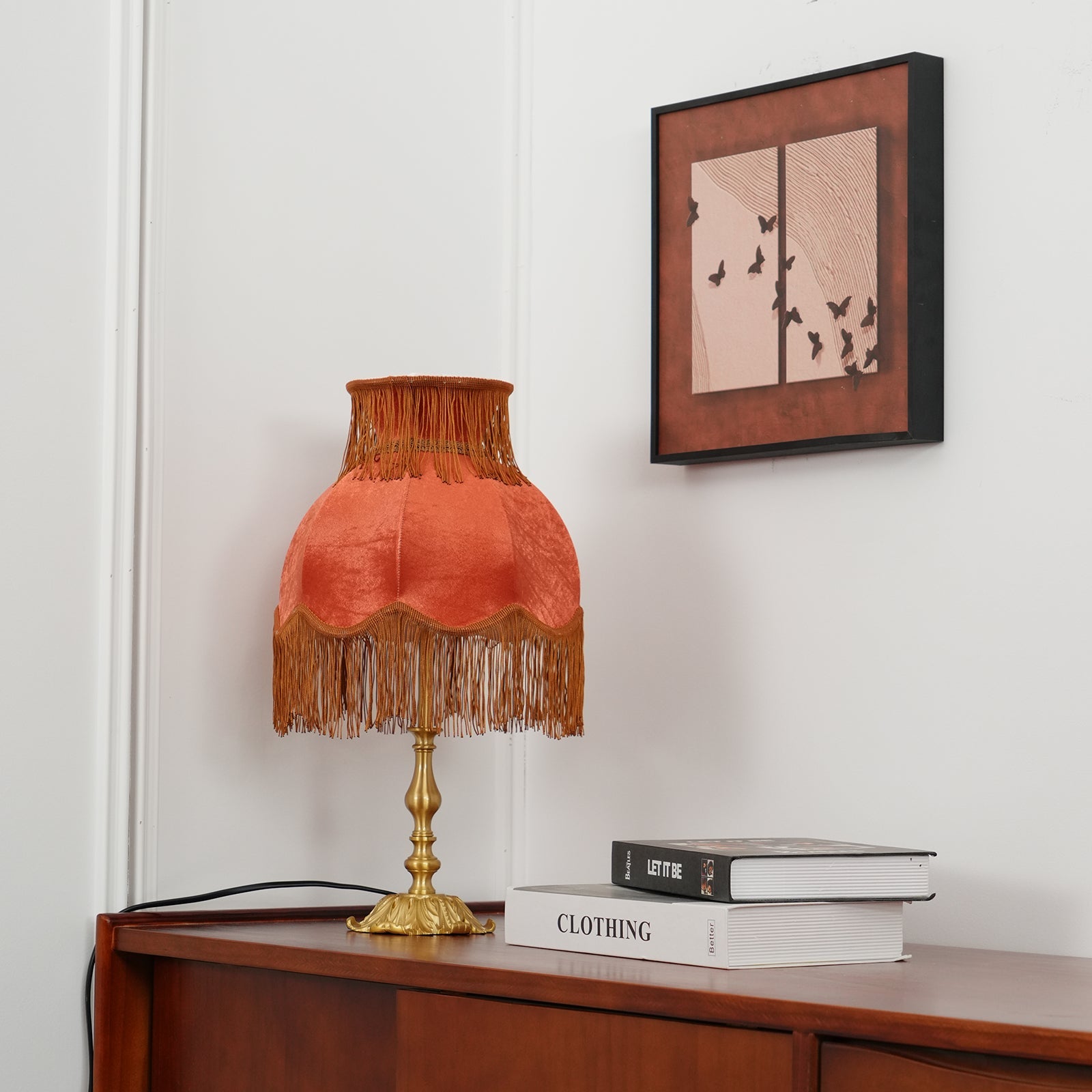 Table Lamp Brass Fabric 9.4 in Red Indoor Accent LED Edison Bulb Use Decorative Nightstand Lighting | Thomler