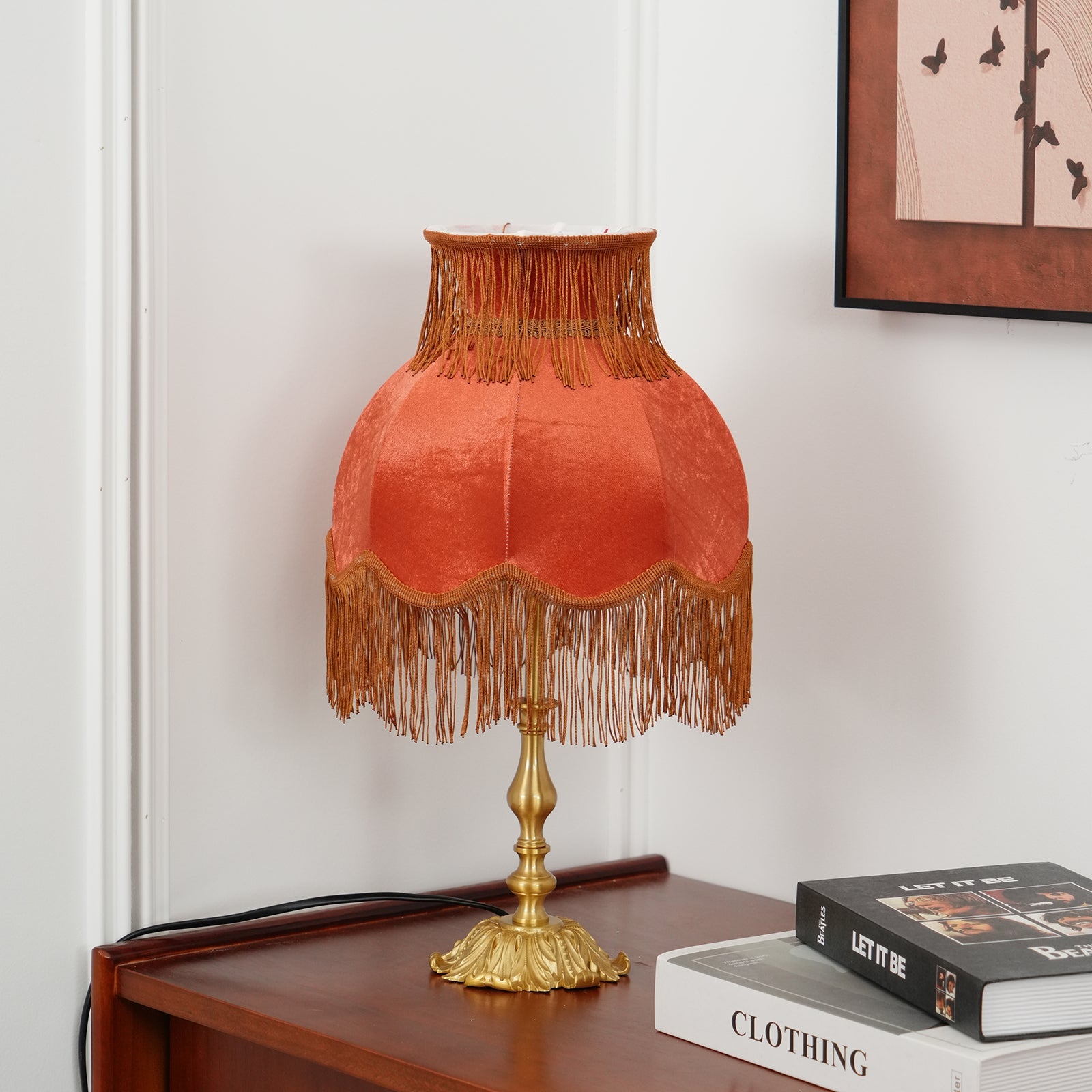Table Lamp Brass Fabric 9.4 in Red Indoor Accent LED Edison Bulb Use Decorative Nightstand Lighting | Thomler
