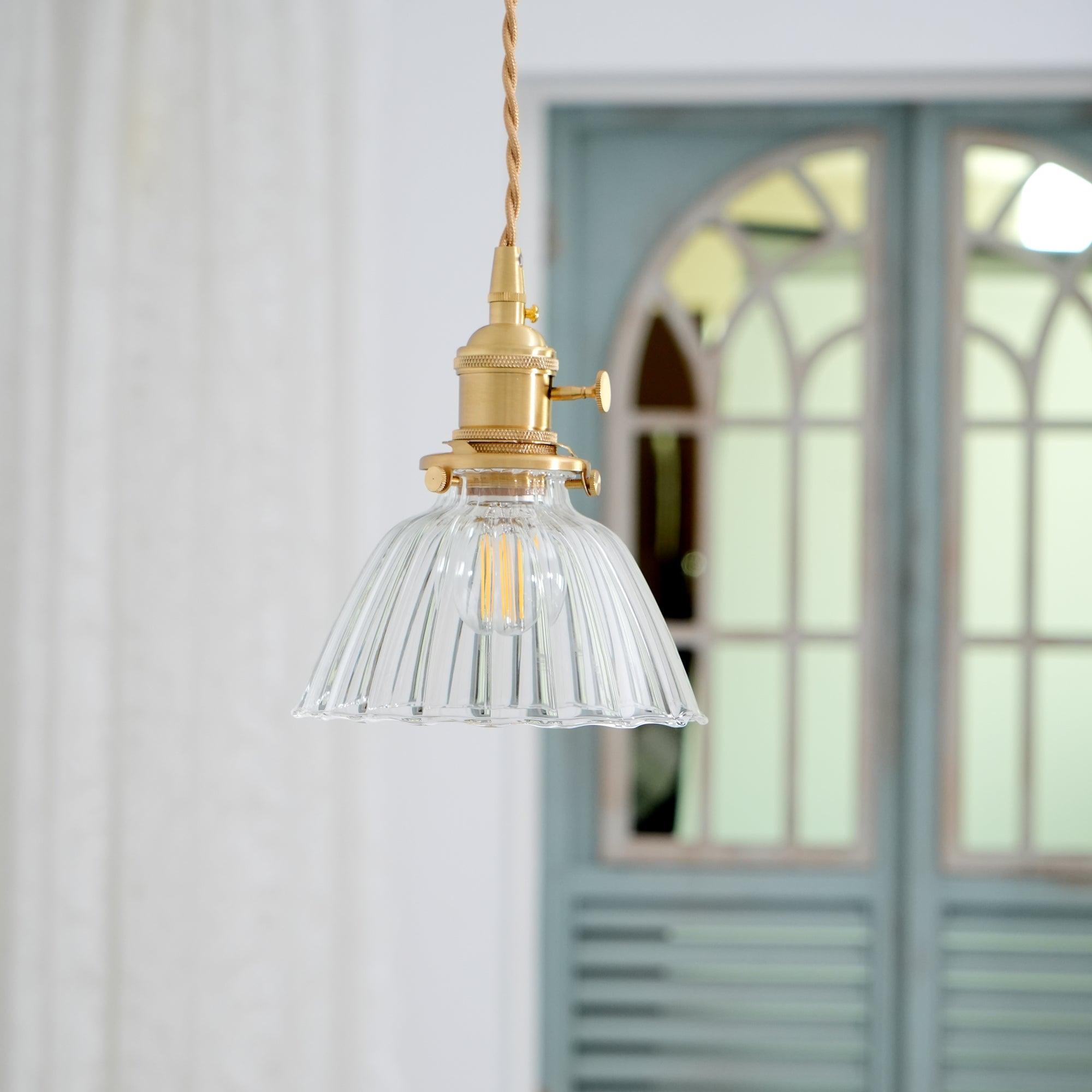 Pendant Light Brass Clear Glass Shade 5.5 in Kitchen Island Dining Hanging Adjustable Cord E26 Single Bulb Minimalist Ceiling Fixture | Thomler