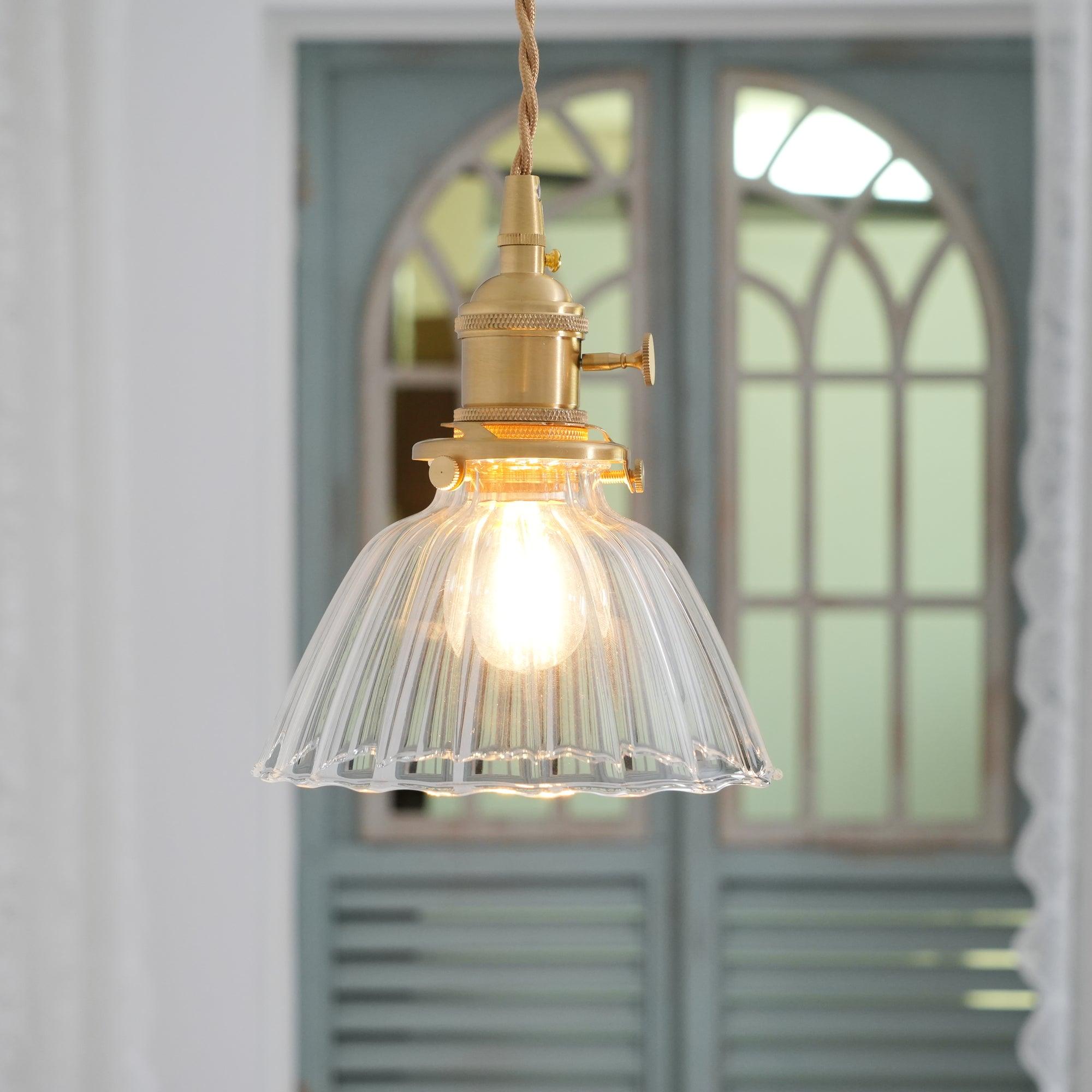 Pendant Light Brass Clear Glass Shade 5.5 in Kitchen Island Dining Hanging Adjustable Cord E26 Single Bulb Minimalist Ceiling Fixture | Thomler