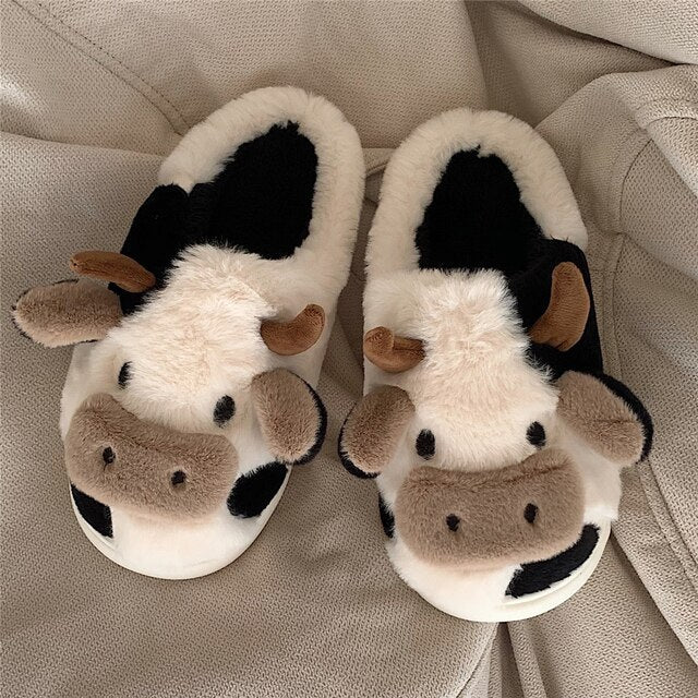 Women's Plush Cow House Slippers with Non-Slip Sole – Cozy Animal Design Indoor Footwear for Fall & Winter | Thomler