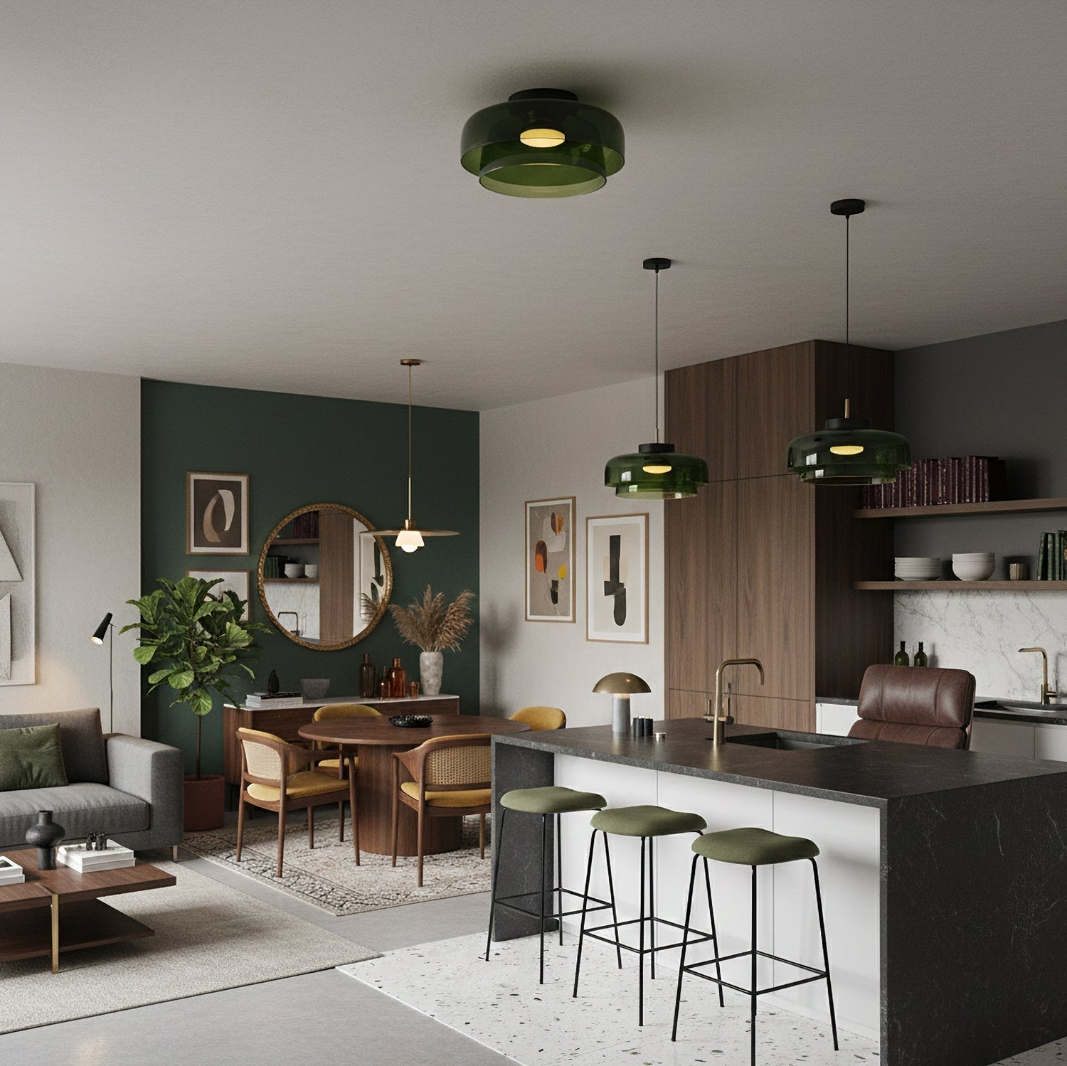 Ceiling Lamp Layered Glass LED 32.0–42.0 cm Green Bedroom Living Room Flush Mount Light | Thomler