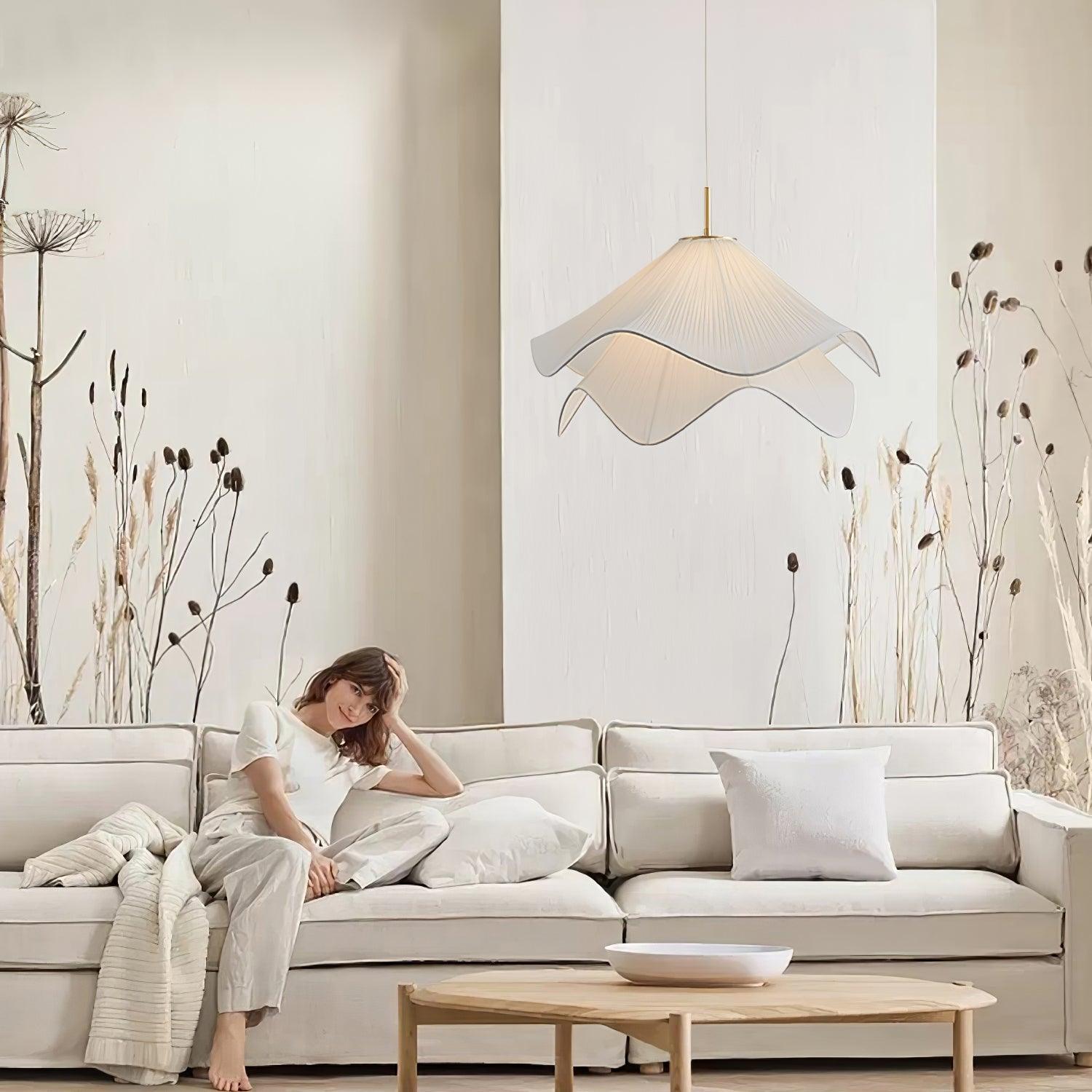 Fabric Pendant Light 23.6 in Diameter White Blooming Design Ceiling Dining Living Room Bedroom Hanging Lamp Adjustable Height | Thomler