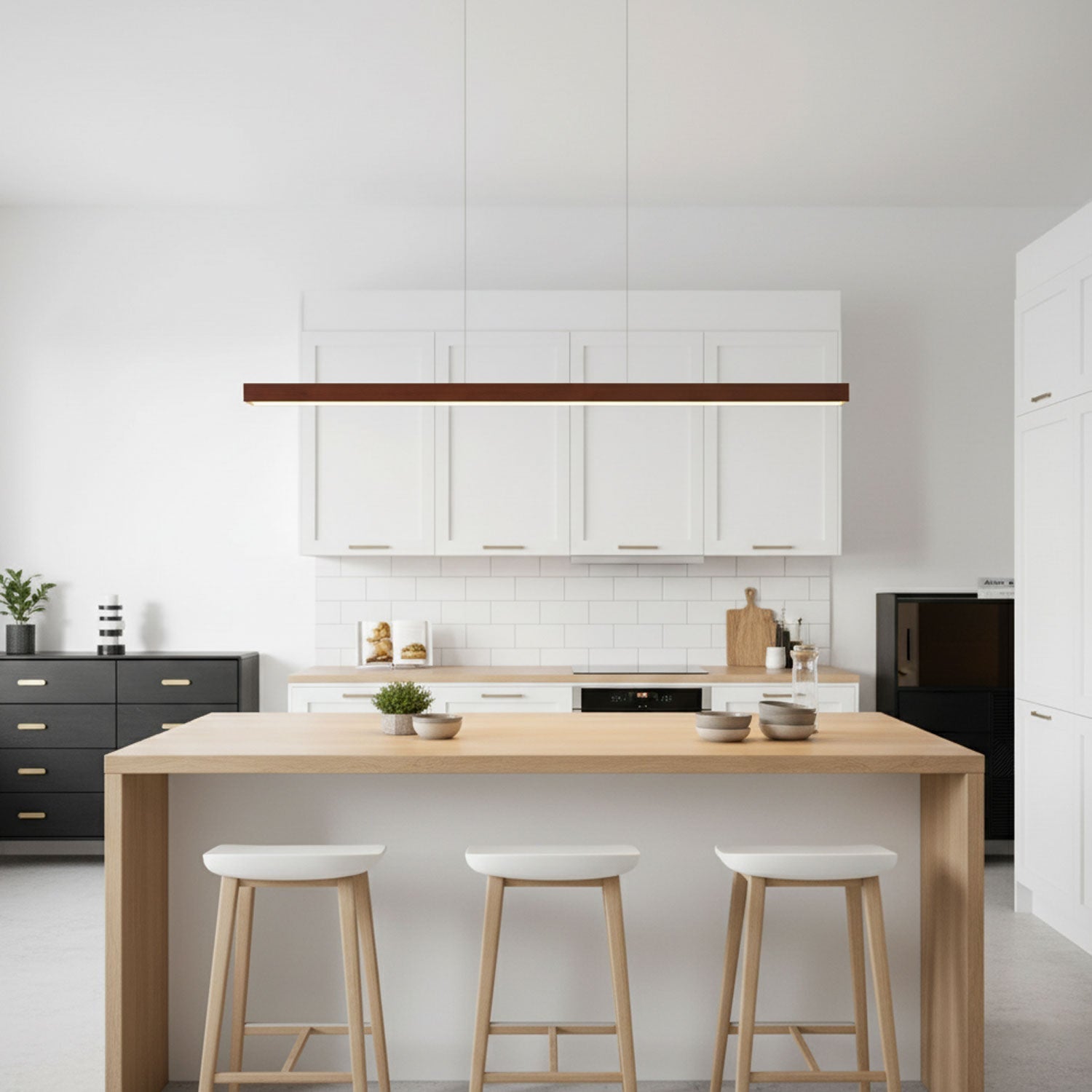 Pendant Light Wood Linear Integrated LED Natural Dining Table Kitchen Island Hanging Ceiling Lamp Japandi Scandinavian | Thomler