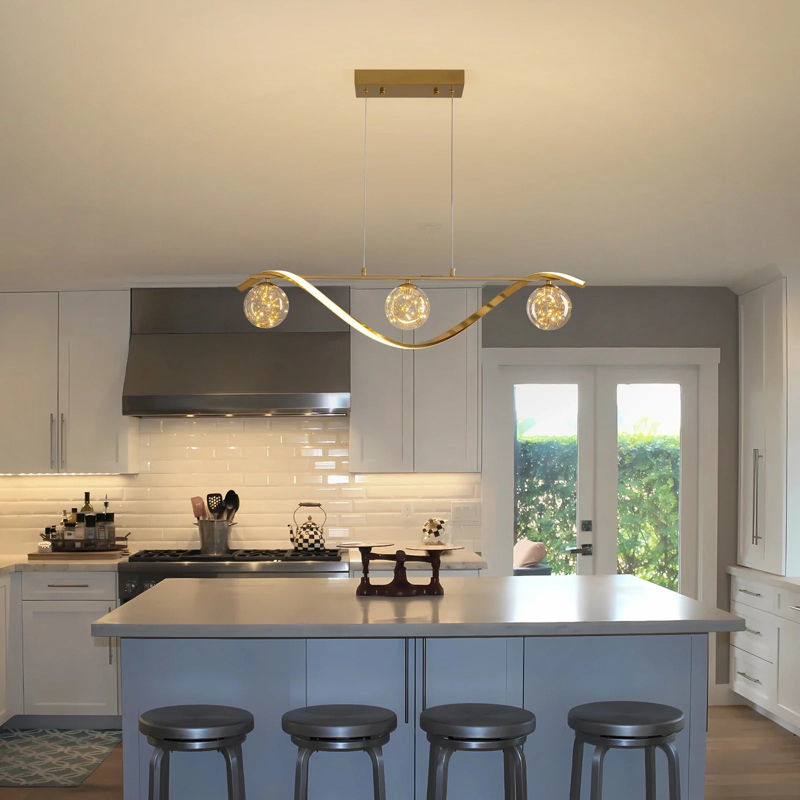 Pendant Light Metal Glass Linear 39.4 in Gold LED Dining Kitchen Island Chandelier Modern Minimalist Hanging Fixture | Thomler