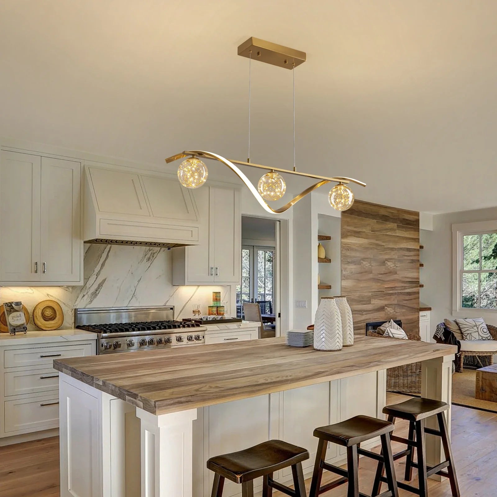 Pendant Light Metal Glass Linear 39.4 in Gold LED Dining Kitchen Island Chandelier Modern Minimalist Hanging Fixture | Thomler