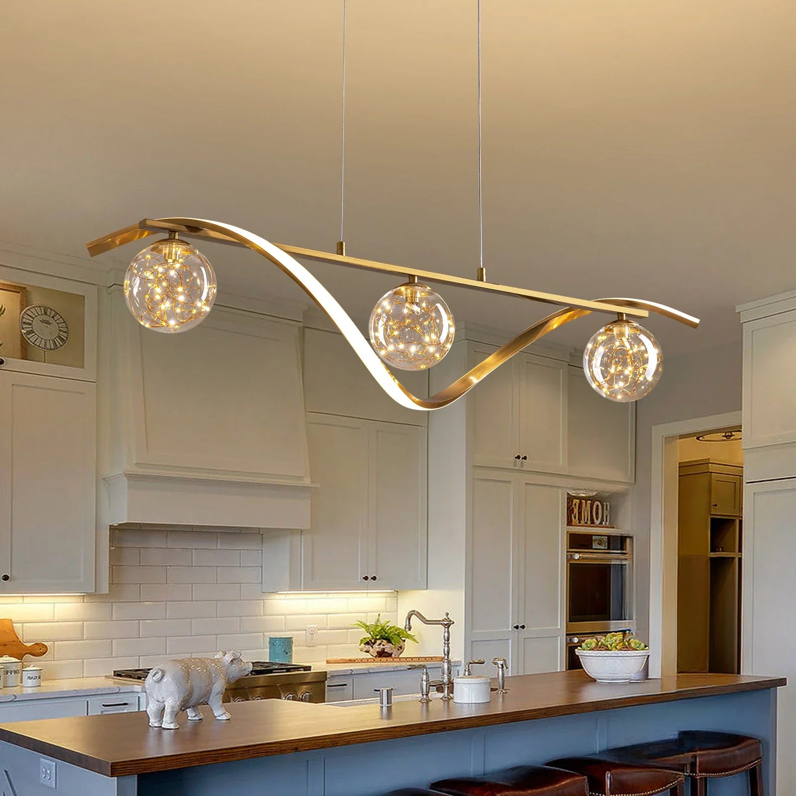 Pendant Light Metal Glass Linear 39.4 in Gold LED Dining Kitchen Island Chandelier Modern Minimalist Hanging Fixture | Thomler