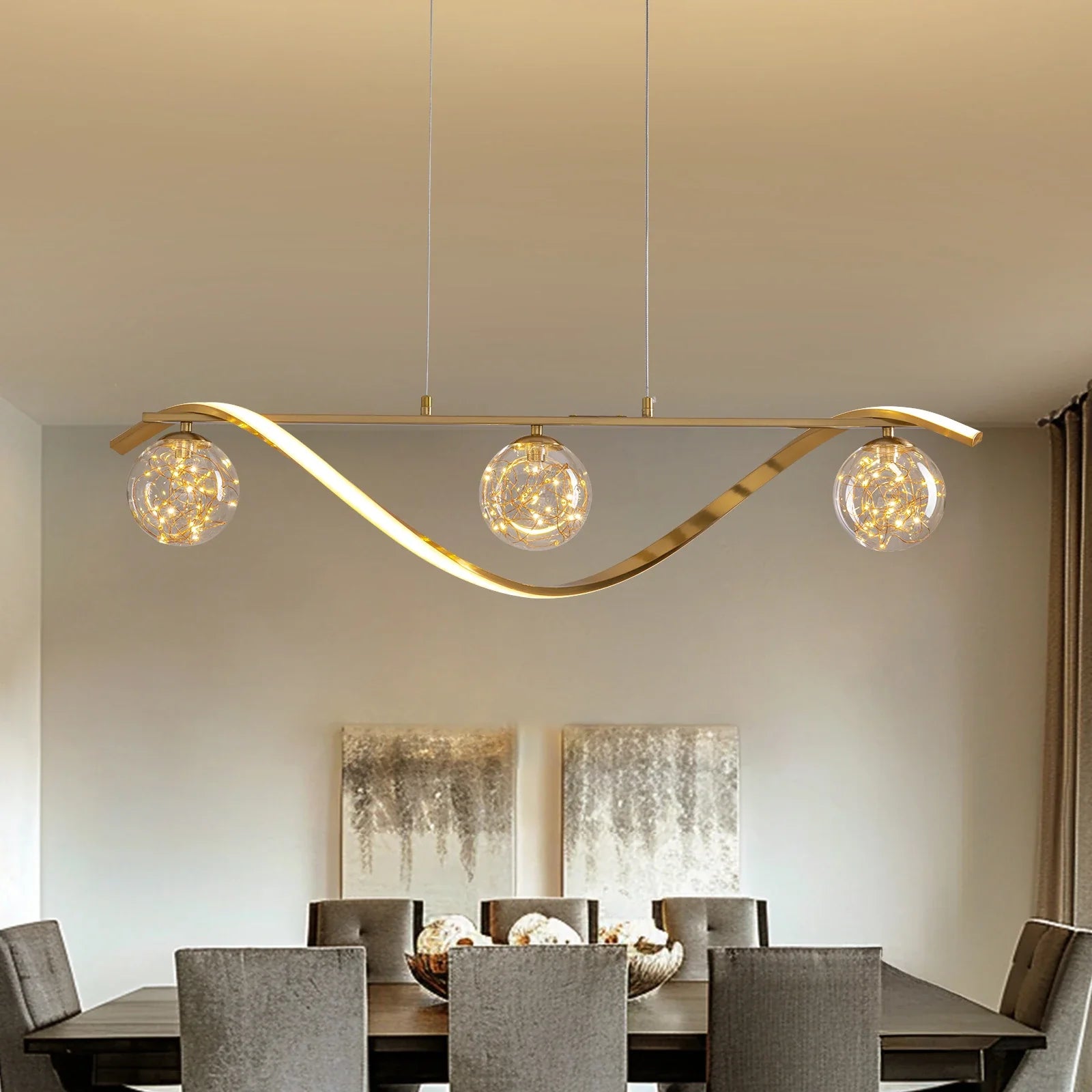 Pendant Light Metal Glass Linear 39.4 in Gold LED Dining Kitchen Island Chandelier Modern Minimalist Hanging Fixture | Thomler