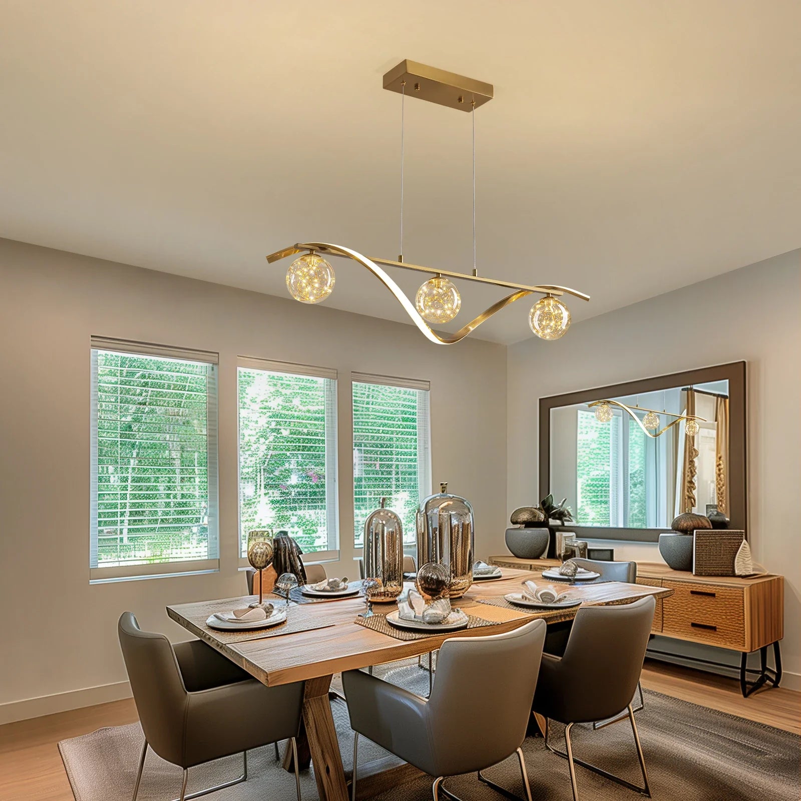 Pendant Light Metal Glass Linear 39.4 in Gold LED Dining Kitchen Island Chandelier Modern Minimalist Hanging Fixture | Thomler