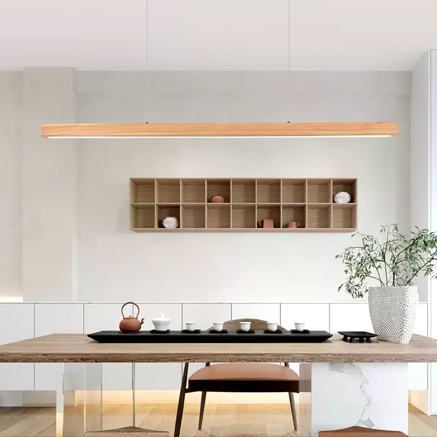 Pendant Light Wood Linear Integrated LED Natural Dining Table Kitchen Island Hanging Ceiling Lamp Japandi Scandinavian | Thomler