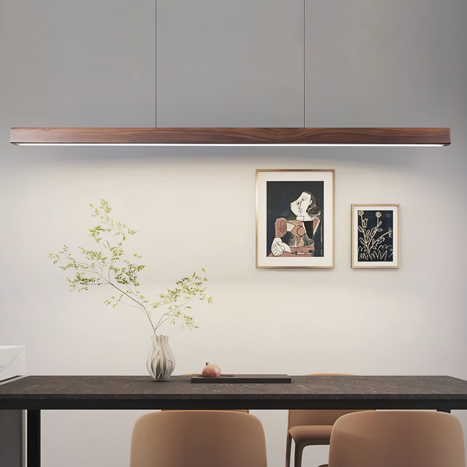 Pendant Light Wood Linear Integrated LED Natural Dining Table Kitchen Island Hanging Ceiling Lamp Japandi Scandinavian | Thomler