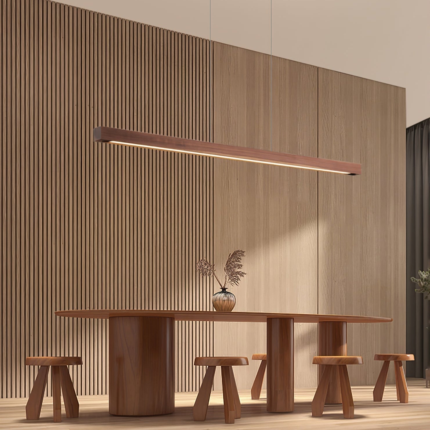 Pendant Light Wood Linear Integrated LED Natural Dining Table Kitchen Island Hanging Ceiling Lamp Japandi Scandinavian | Thomler