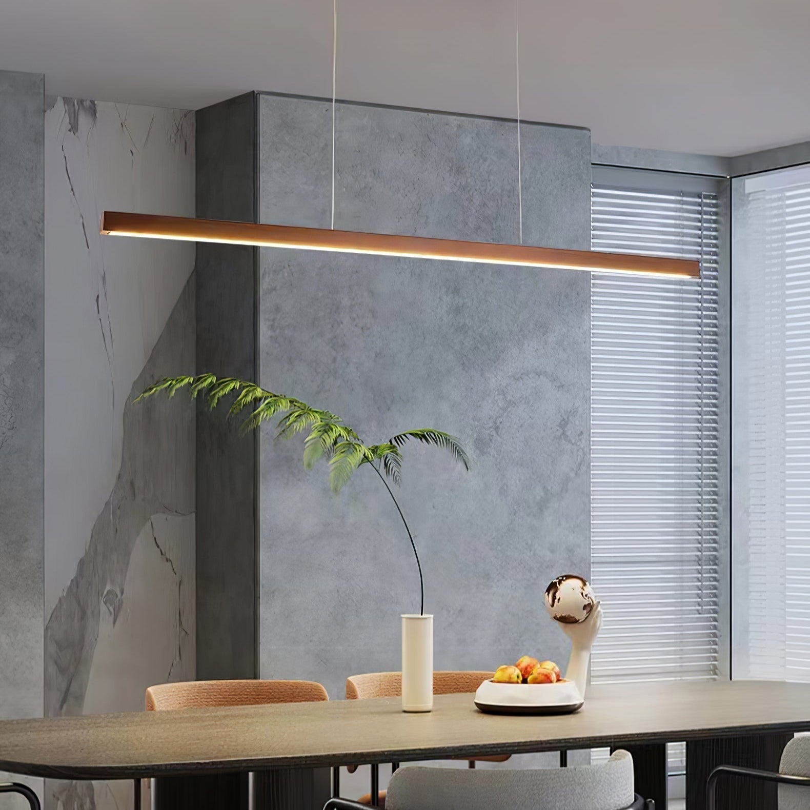 Pendant Light Wood Linear Integrated LED Natural Dining Table Kitchen Island Hanging Ceiling Lamp Japandi Scandinavian | Thomler
