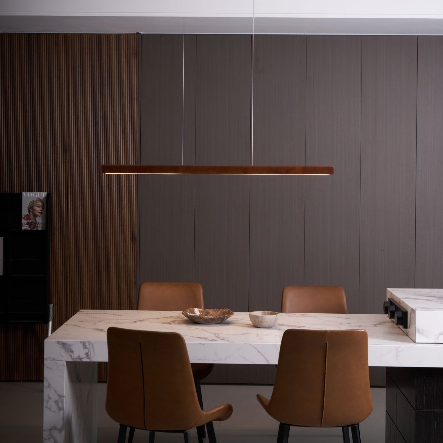 Pendant Light Wood Linear Integrated LED Natural Dining Table Kitchen Island Hanging Ceiling Lamp Japandi Scandinavian | Thomler