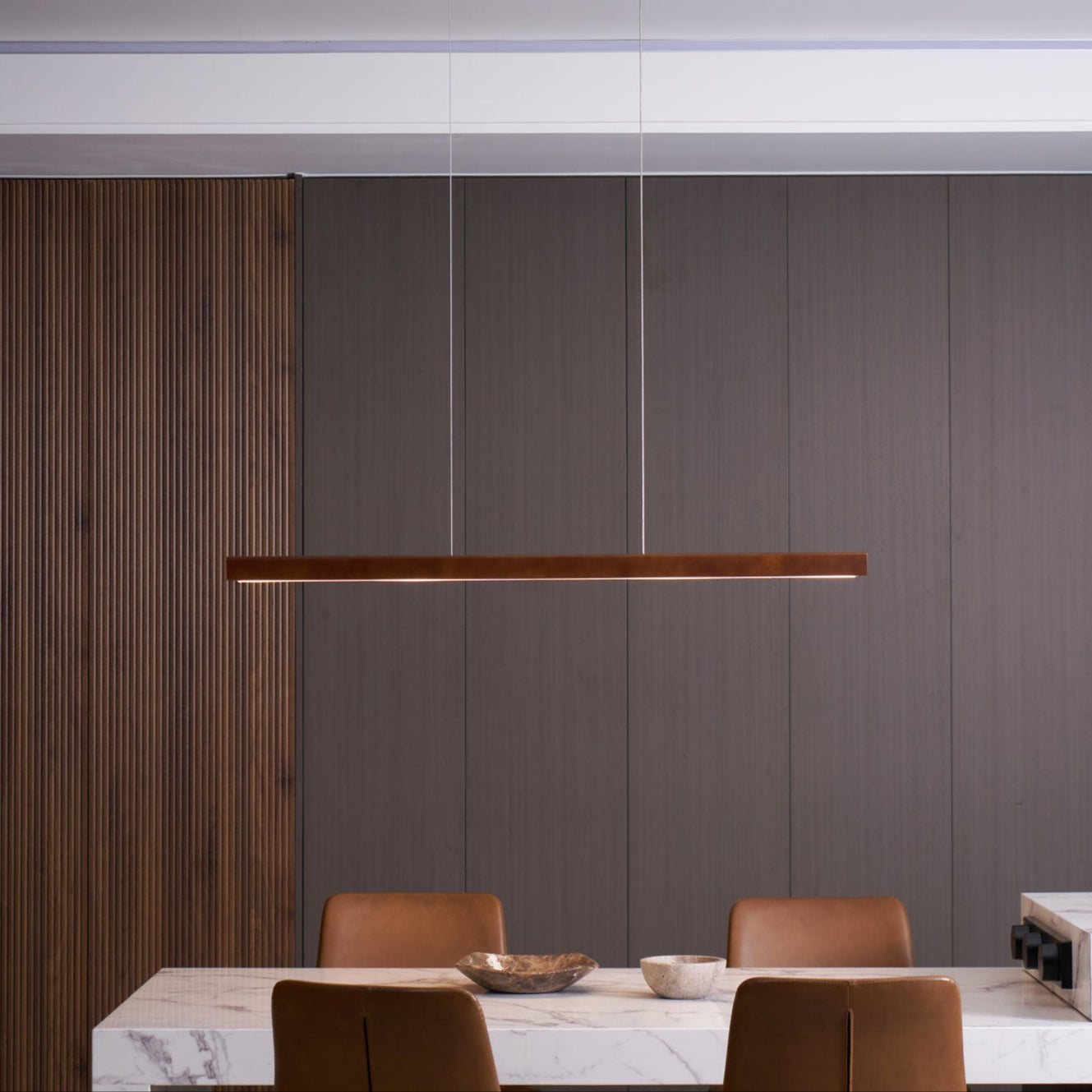Pendant Light Wood Linear Integrated LED Natural Dining Table Kitchen Island Hanging Ceiling Lamp Japandi Scandinavian | Thomler