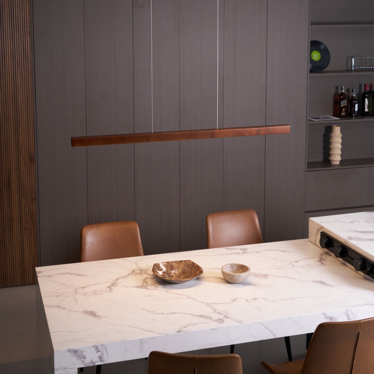 Pendant Light Wood Linear Integrated LED Natural Dining Table Kitchen Island Hanging Ceiling Lamp Japandi Scandinavian | Thomler