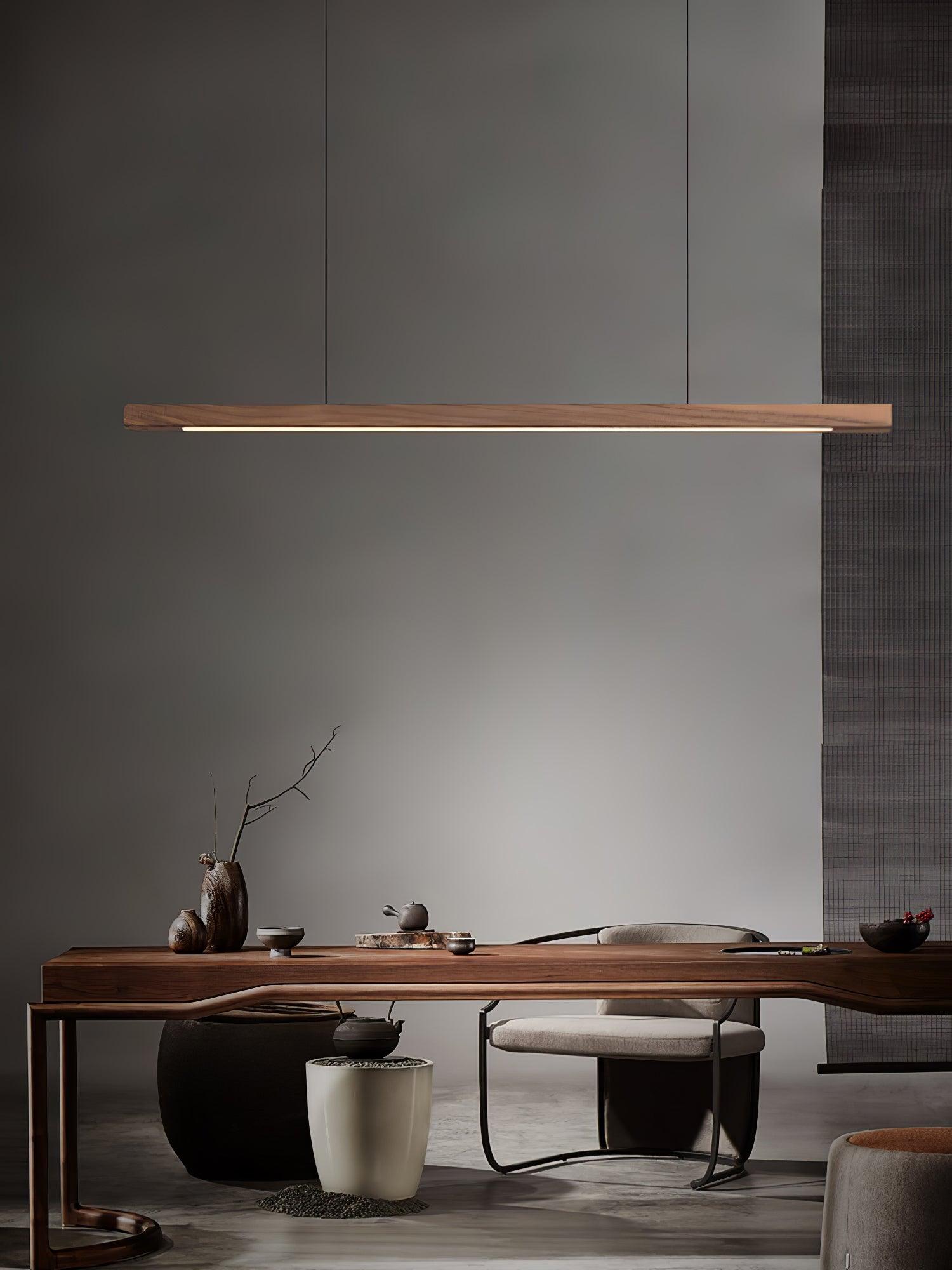 Pendant Light Wood Linear Integrated LED Natural Dining Table Kitchen Island Hanging Ceiling Lamp Japandi Scandinavian | Thomler