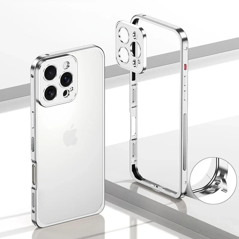 Aluminum Bumper Case for iPhone with Ventilation Grills & Detachable Lens Shield – Shock-Absorbing Frame for 12 Pro Max to 17 Series | Thomler