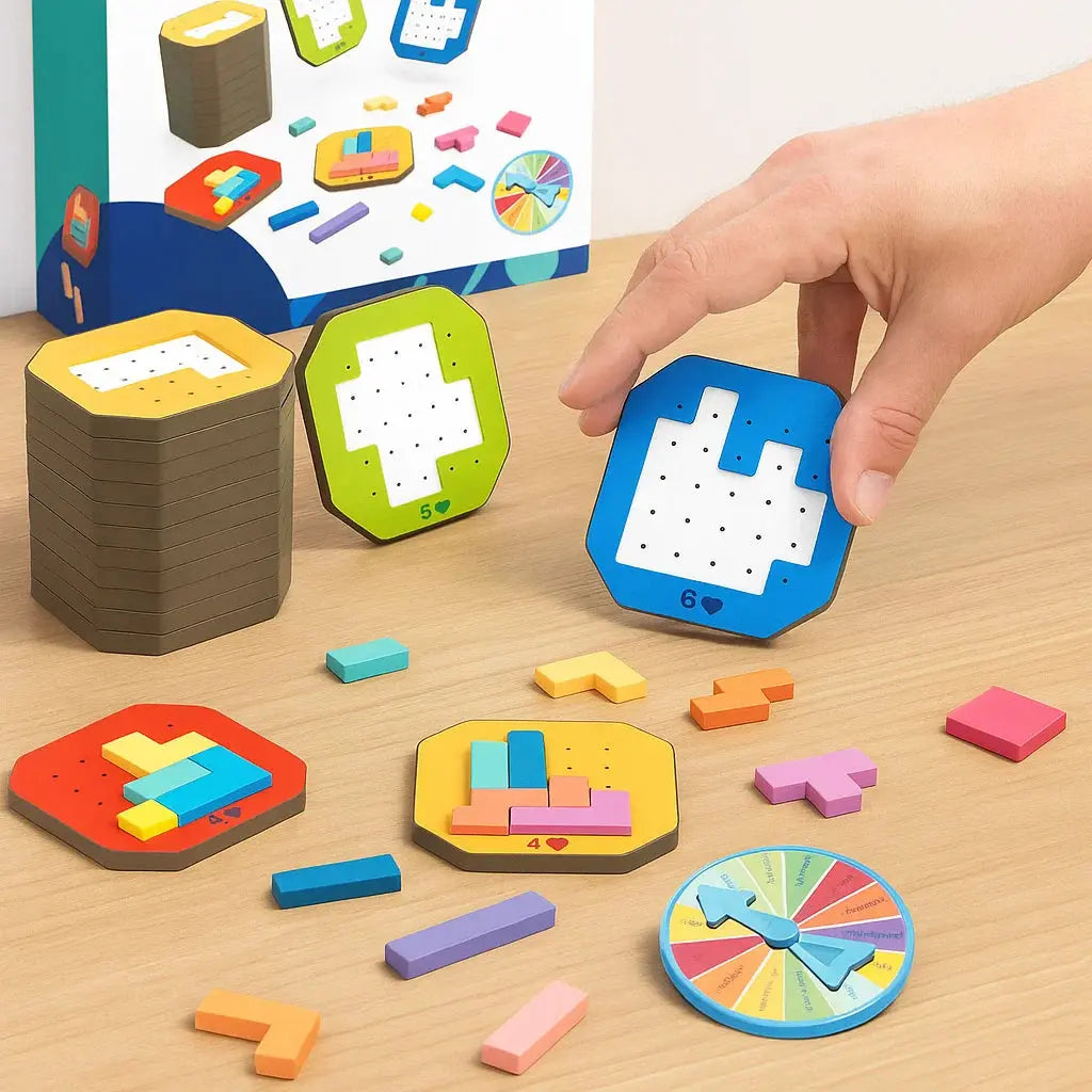 Puzzle Game Educational Logic 108 Pieces Colourful Shapes 20 Challenge Cards For Children Adults | Thomler