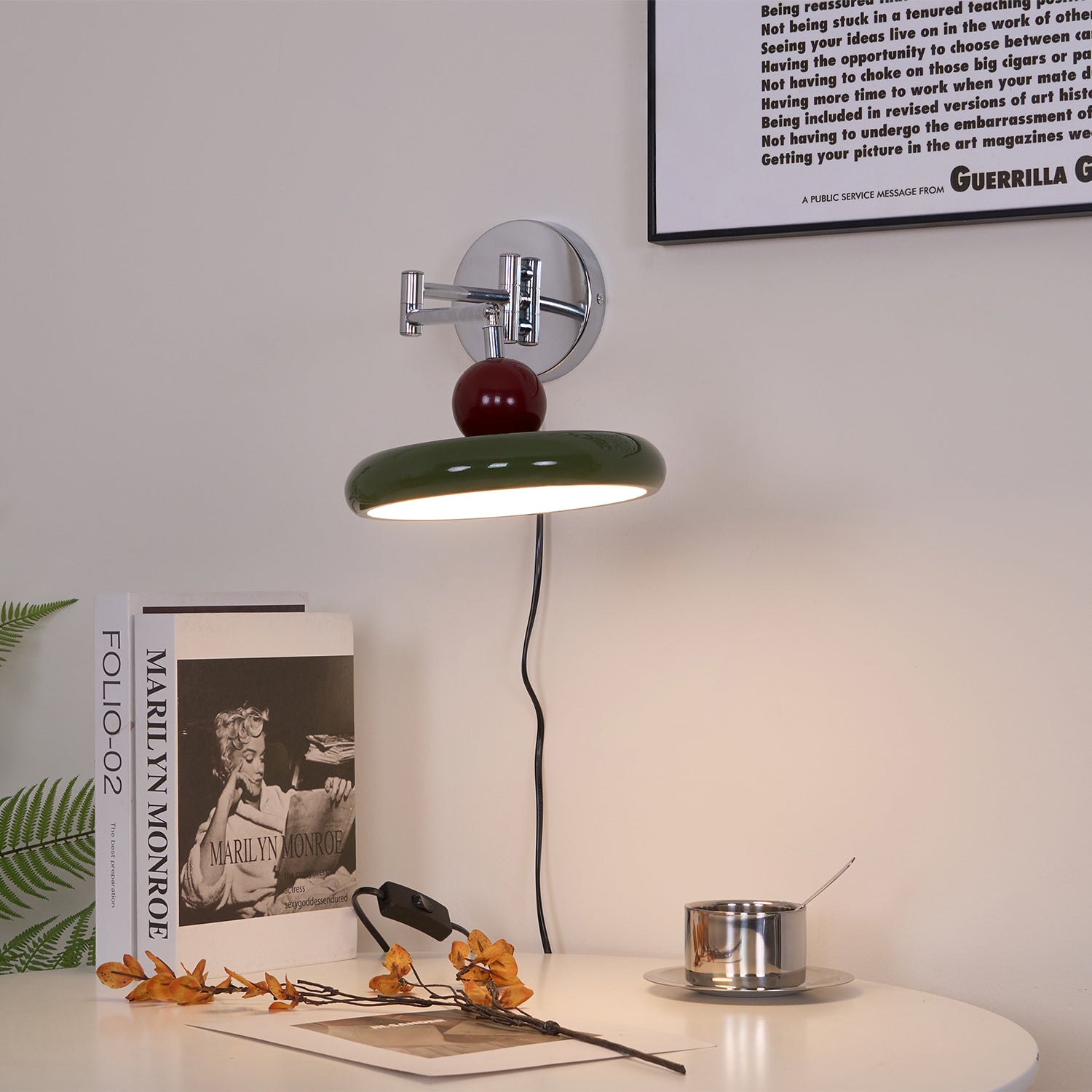 Metal Plug-In Wall Lamp 7.9 in x 4.7 in Warm Glow Indoor Accent Lighting Chrome Green Beige | Thomler