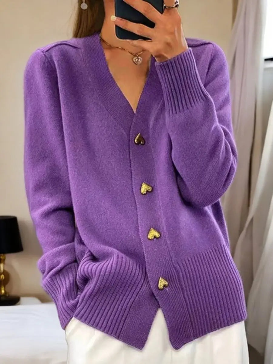 Women's Extended-Length Knit Sweater with Gold Heart Closures – Cozy V-Neck Layer for Fall & Spring | Thomler