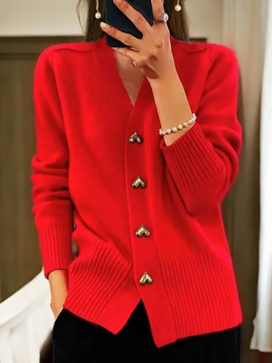 Women's Extended-Length Knit Sweater with Gold Heart Closures – Cozy V-Neck Layer for Fall & Spring | Thomler
