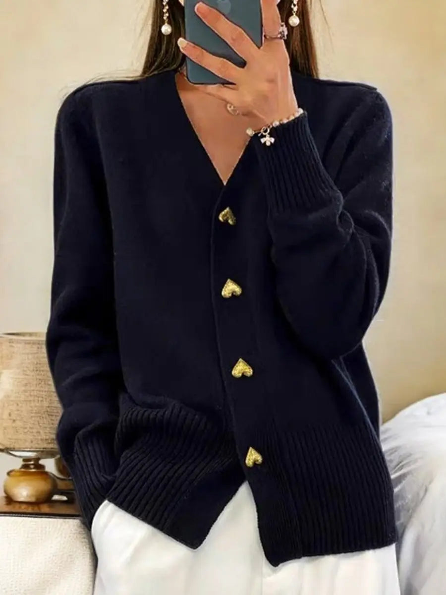 Women's Extended-Length Knit Sweater with Gold Heart Closures – Cozy V-Neck Layer for Fall & Spring | Thomler