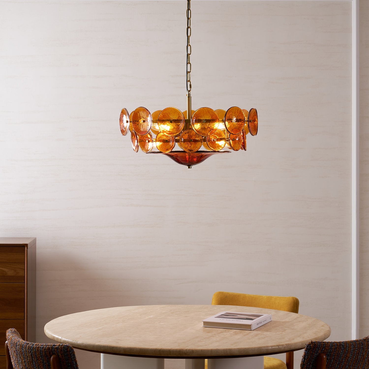 Chandelier Glass Circular Disc 23.6 in Orange Indoor Dining Living Room Lighting Fixture Vintage Modern Pendant | Thomler