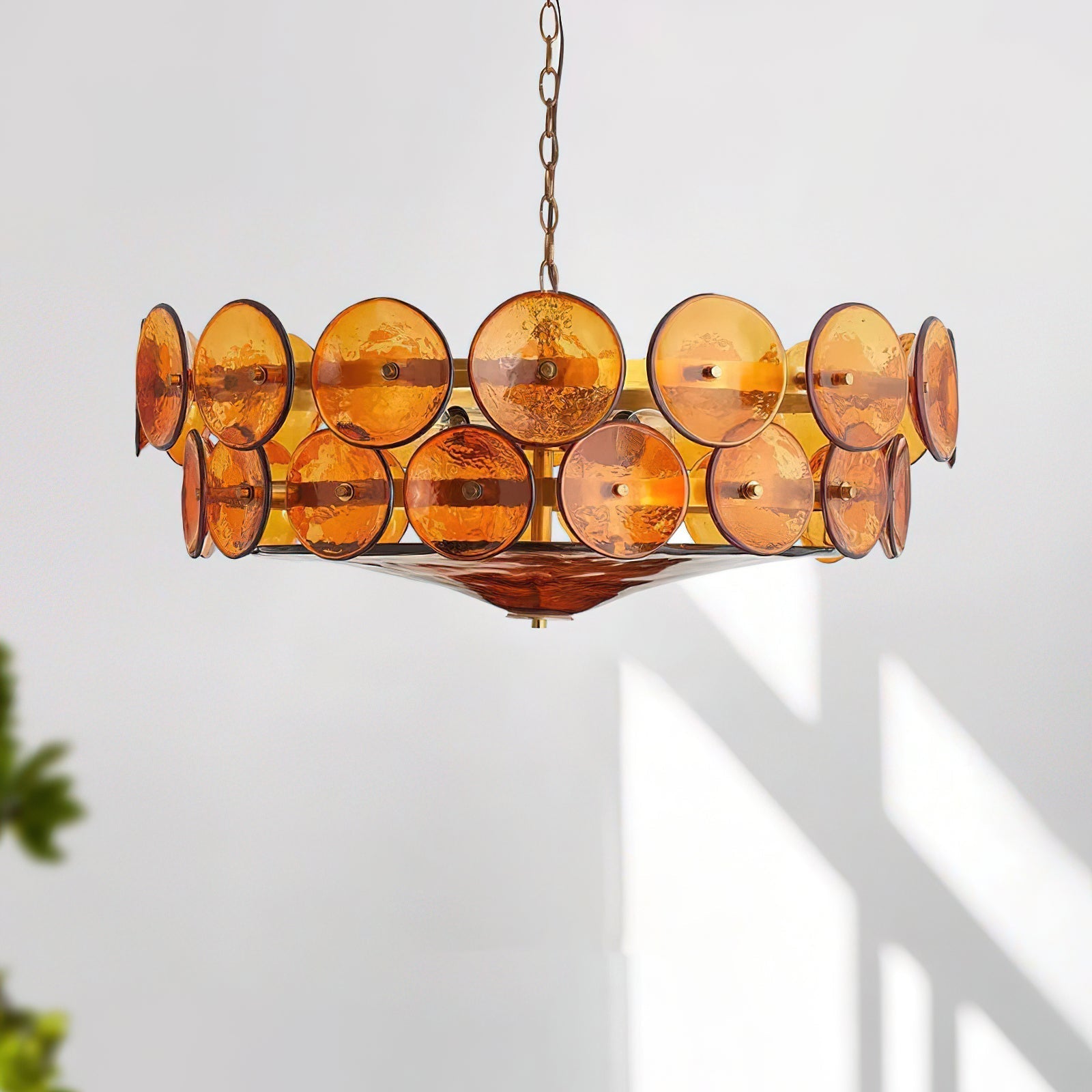 Pendant Light Glass Disc Adjustable Chain Amber Dining Room Living Room Brass Hanging Ceiling Statement Lamp | Thomler