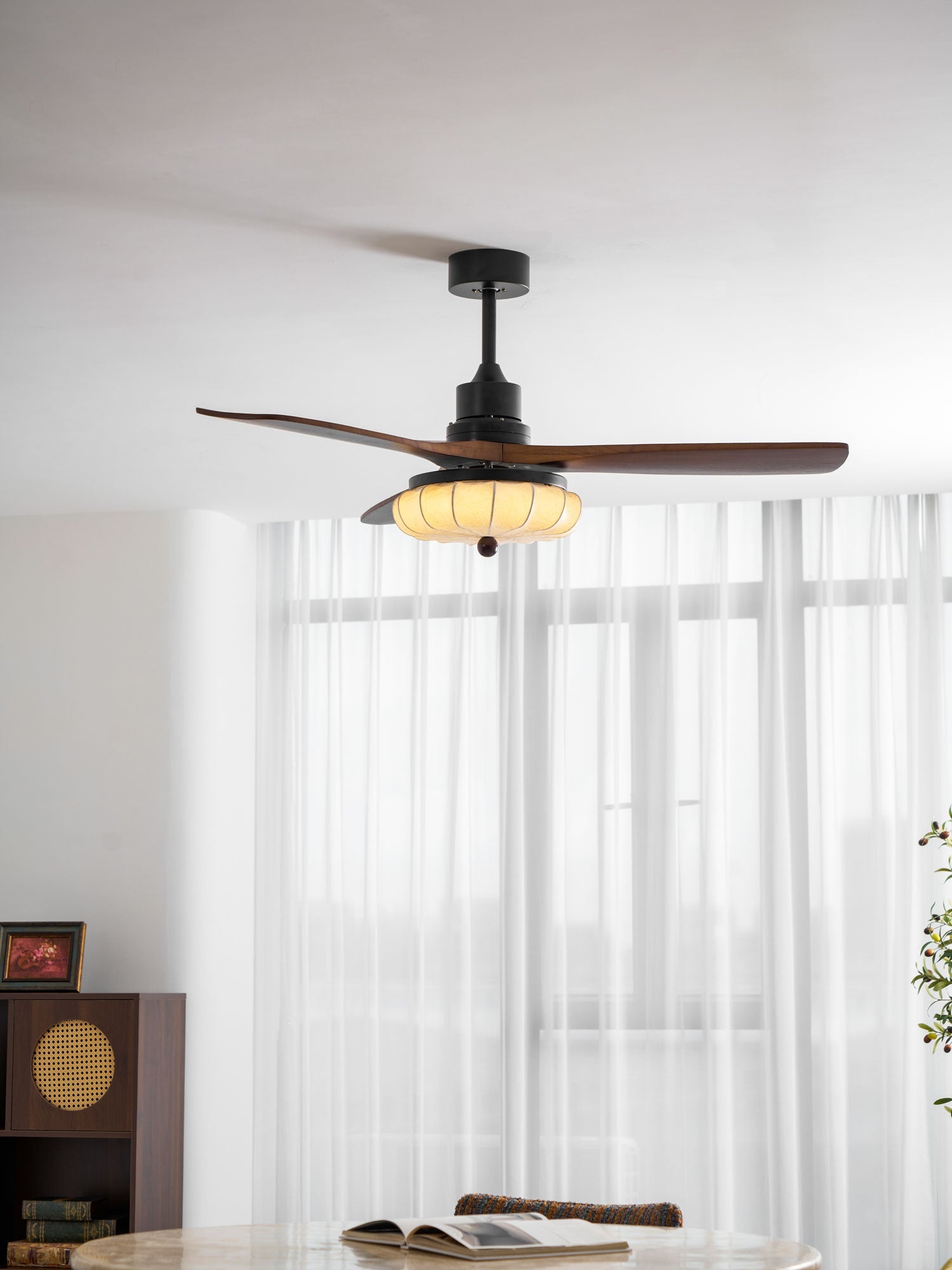 Fabric Ceiling Fan Light 36–52 in Adjustable Walnut Wood Blades Indoor Dining Living Room Bedroom Lighting | Thomler
