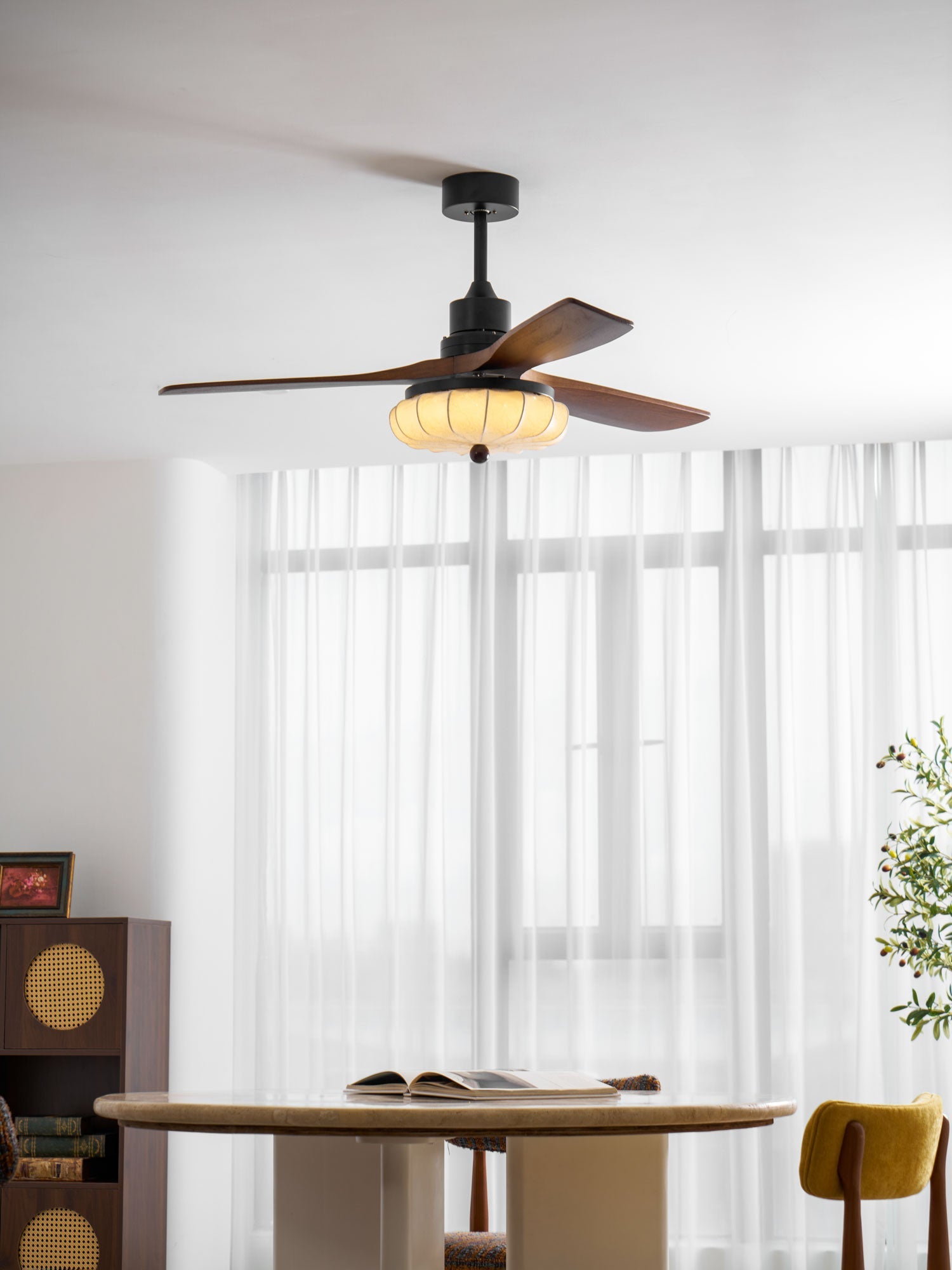 Fabric Ceiling Fan Light 36–52 in Adjustable Walnut Wood Blades Indoor Dining Living Room Bedroom Lighting | Thomler
