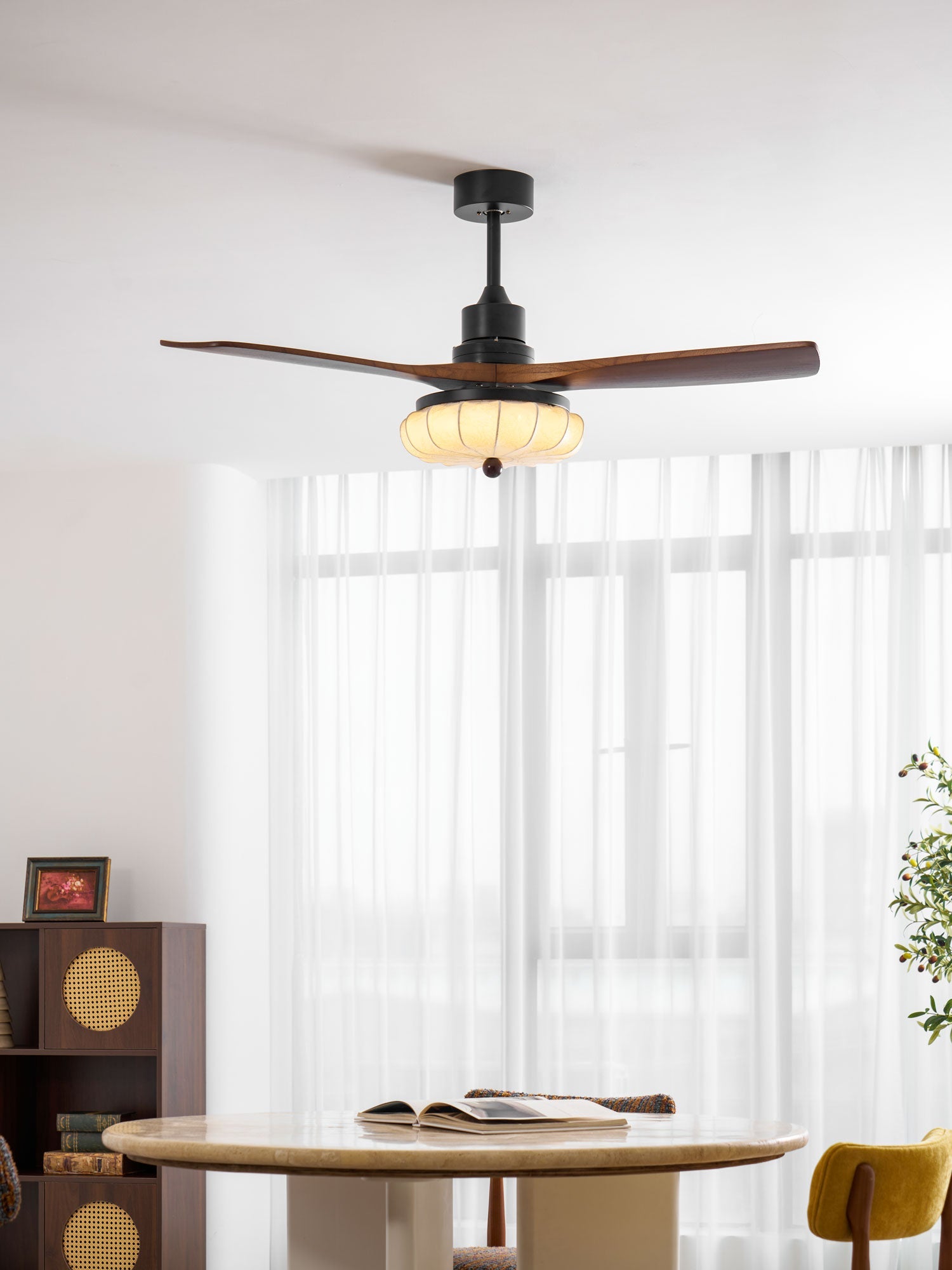 Fabric Ceiling Fan Light 36–52 in Adjustable Walnut Wood Blades Indoor Dining Living Room Bedroom Lighting | Thomler