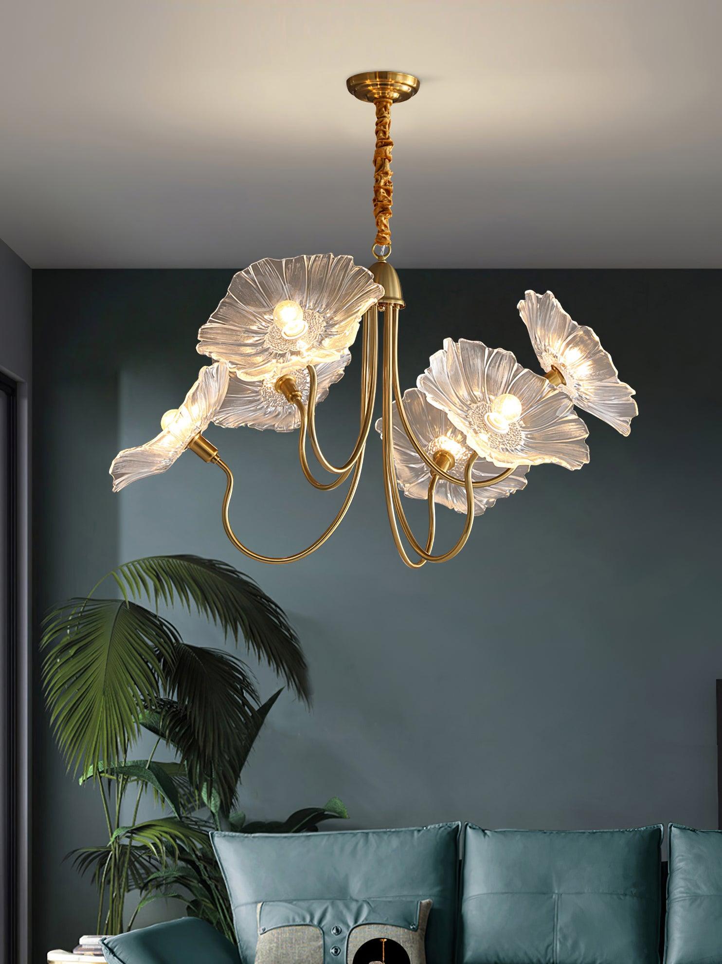 Leaf-Shaped Frosted Glass Chandelier 35.4 in x 21.7 in Gold Indoor Ceiling Lighting Dining Room Living Room | Thomler