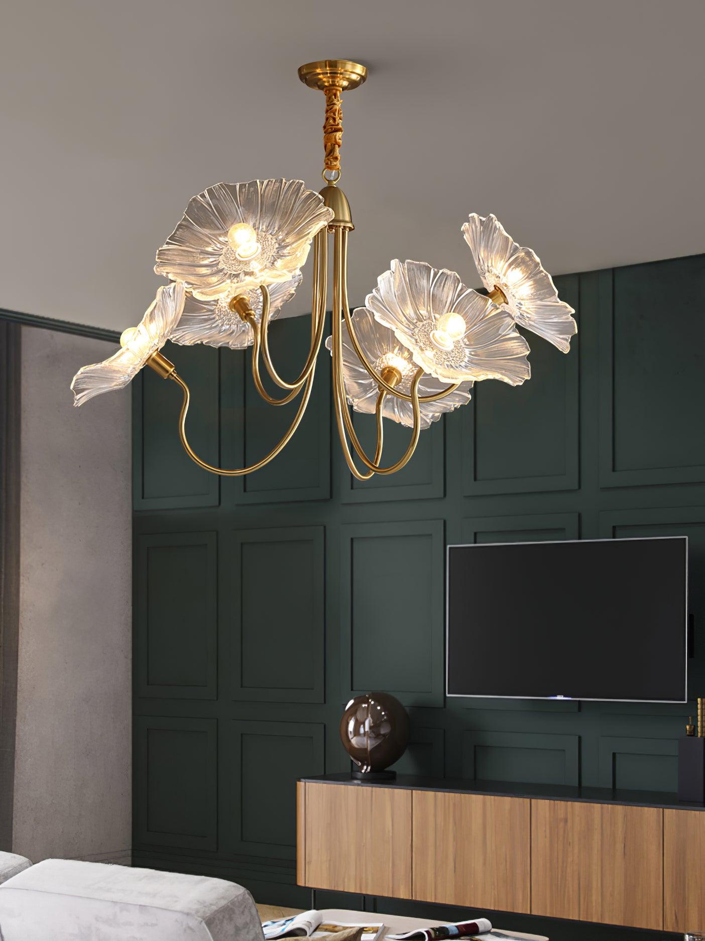 Leaf-Shaped Frosted Glass Chandelier 35.4 in x 21.7 in Gold Indoor Ceiling Lighting Dining Room Living Room | Thomler