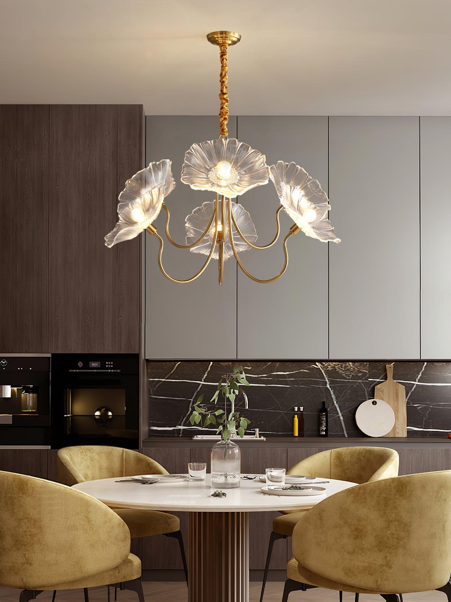 Leaf-Shaped Frosted Glass Chandelier 35.4 in x 21.7 in Gold Indoor Ceiling Lighting Dining Room Living Room | Thomler