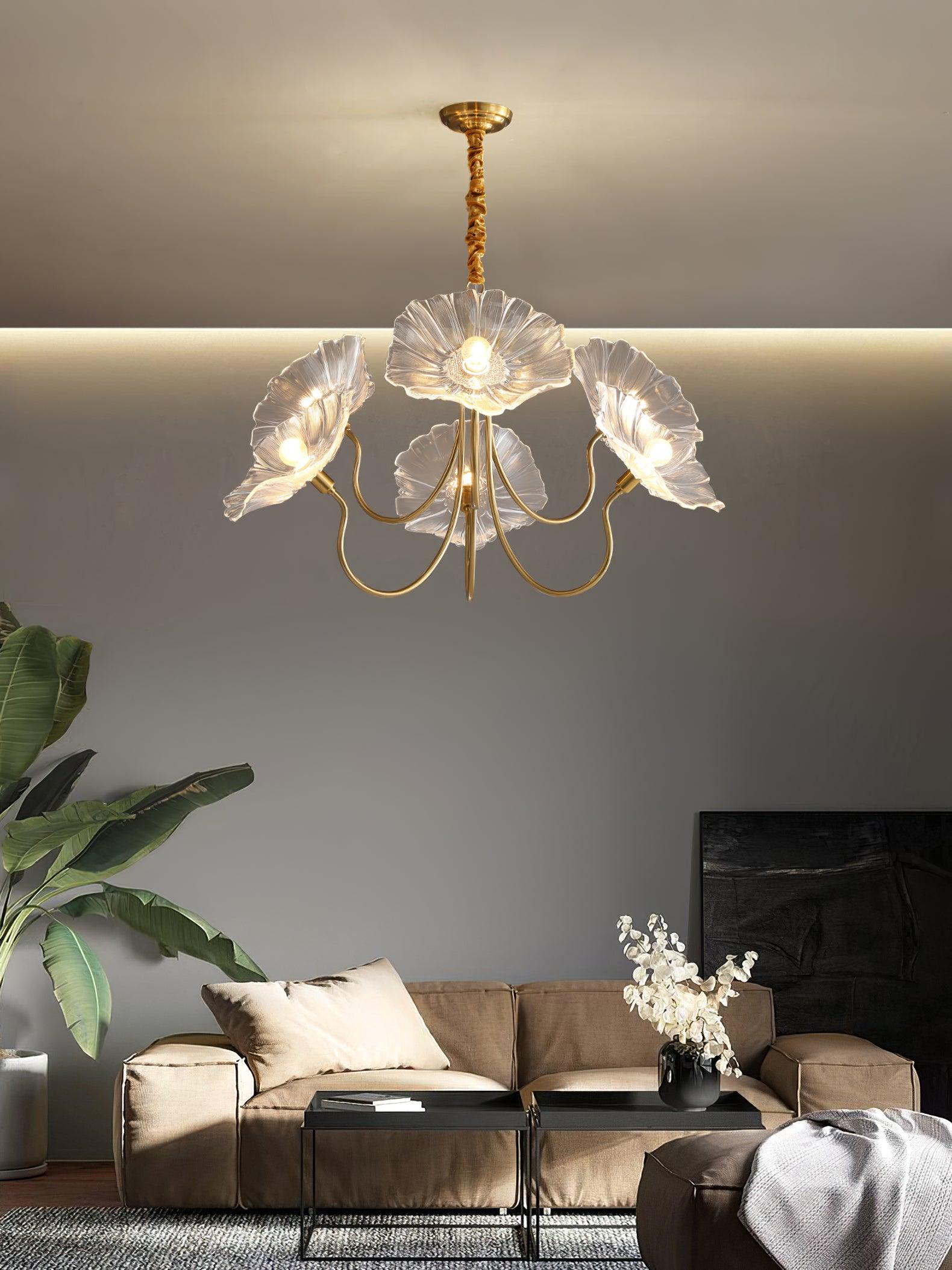 Leaf-Shaped Frosted Glass Chandelier 35.4 in x 21.7 in Gold Indoor Ceiling Lighting Dining Room Living Room | Thomler