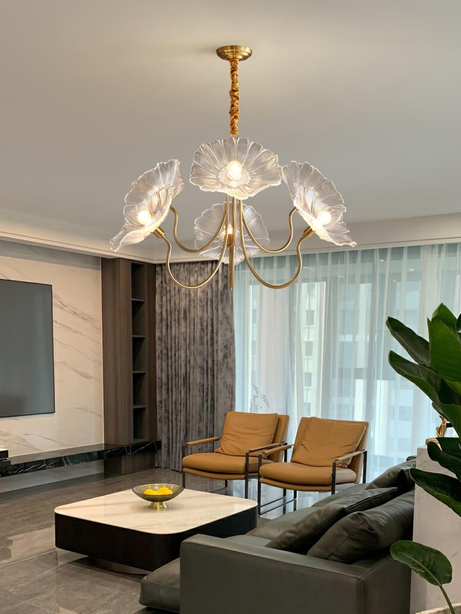 Leaf-Shaped Frosted Glass Chandelier 35.4 in x 21.7 in Gold Indoor Ceiling Lighting Dining Room Living Room | Thomler