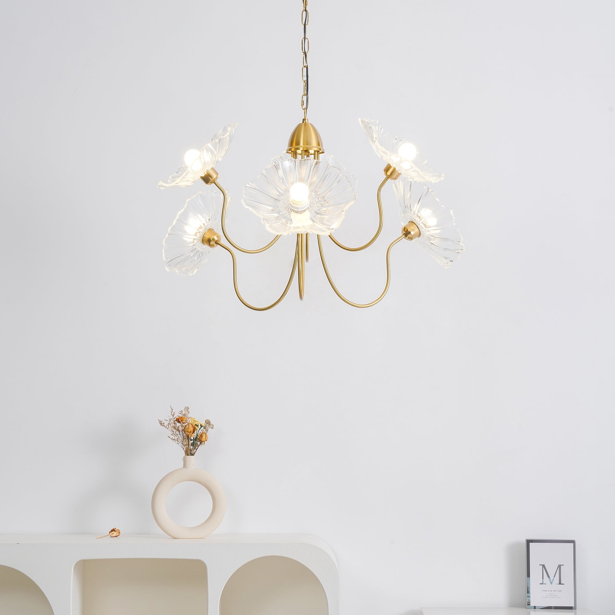 Leaf-Shaped Frosted Glass Chandelier 35.4 in x 21.7 in Gold Indoor Ceiling Lighting Dining Room Living Room | Thomler
